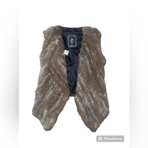 My Tribe Black Leather & Brown Knitted Rabbit Fur Waterfall Vest Size Small